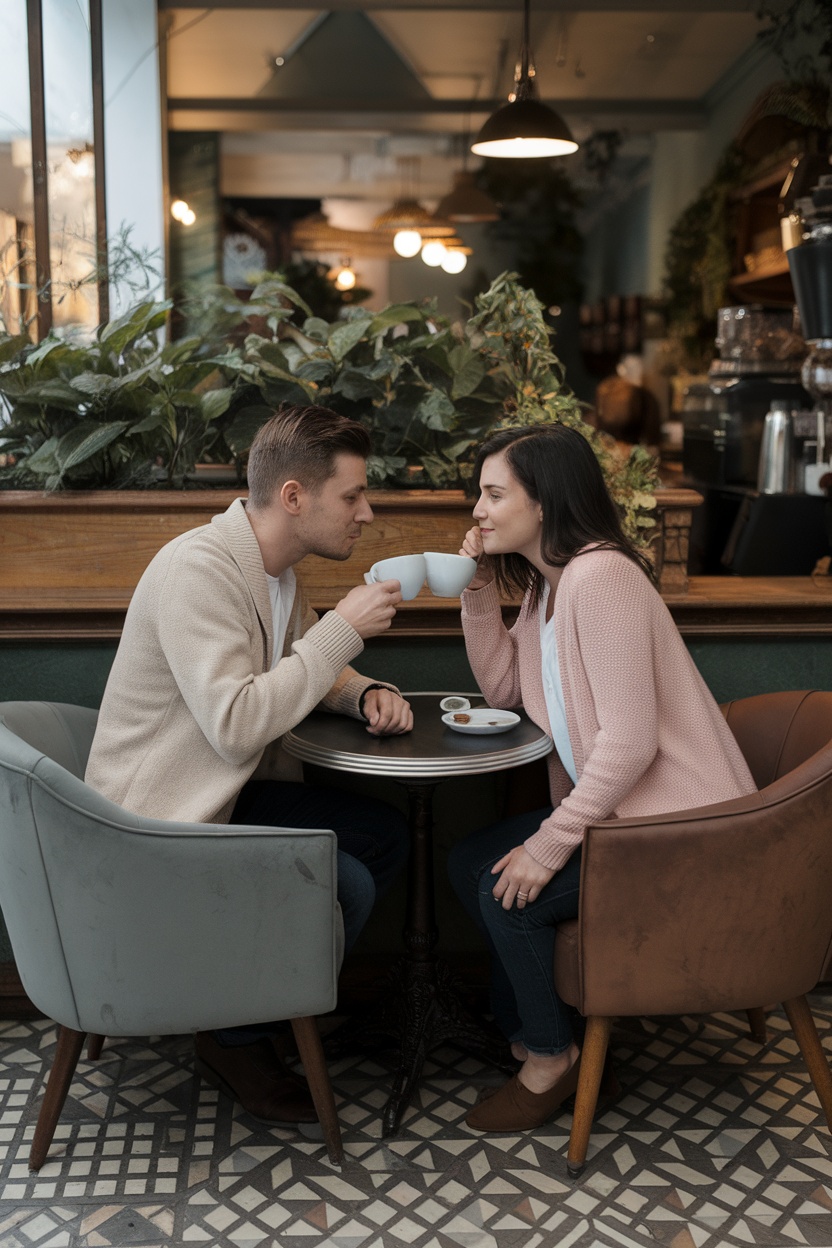 A couple enjoying coffee together while wearing matching cardigans in a café.