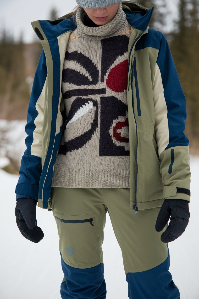 A skier wearing a stylish sweater and jacket, showcasing a trendy layered look perfect for the slopes.