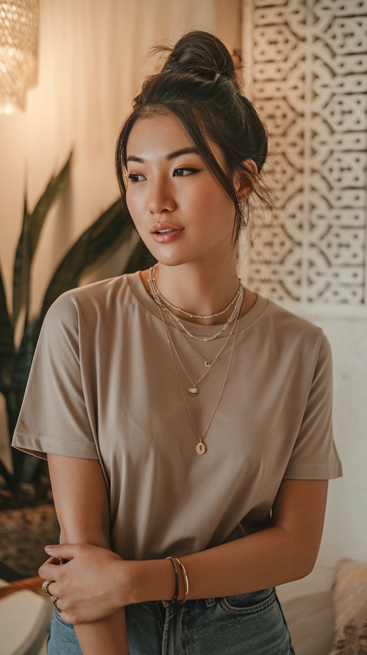 A model wearing a beige t-shirt with layered necklaces, showcasing a casual yet stylish look.