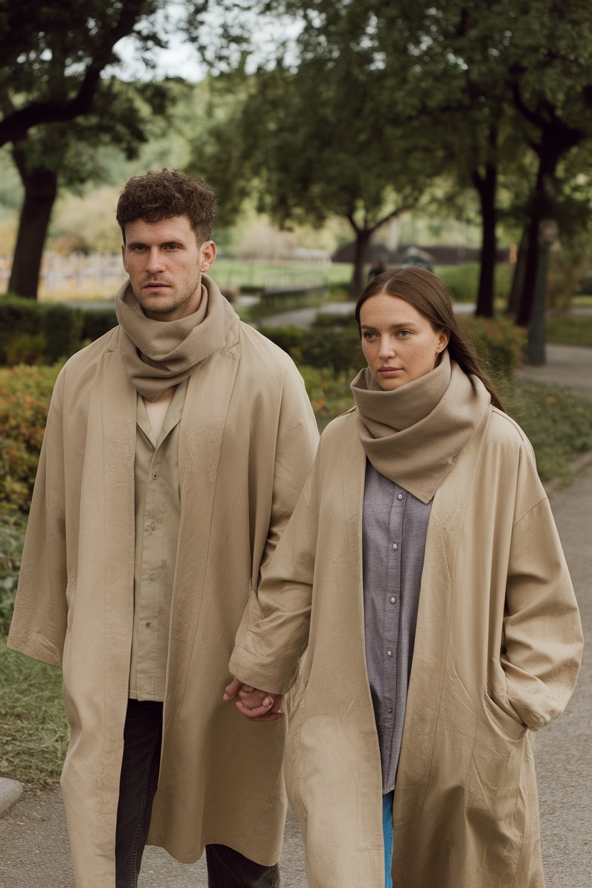 Couple in matching beige longline coats with oversized scarves walking hand in hand.