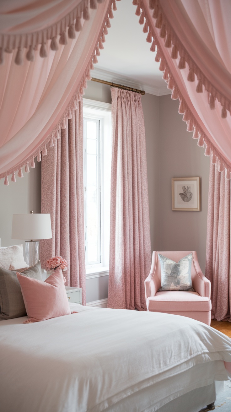 Cozy bedroom with layered pink curtains, featuring tassels and a soft color palette.