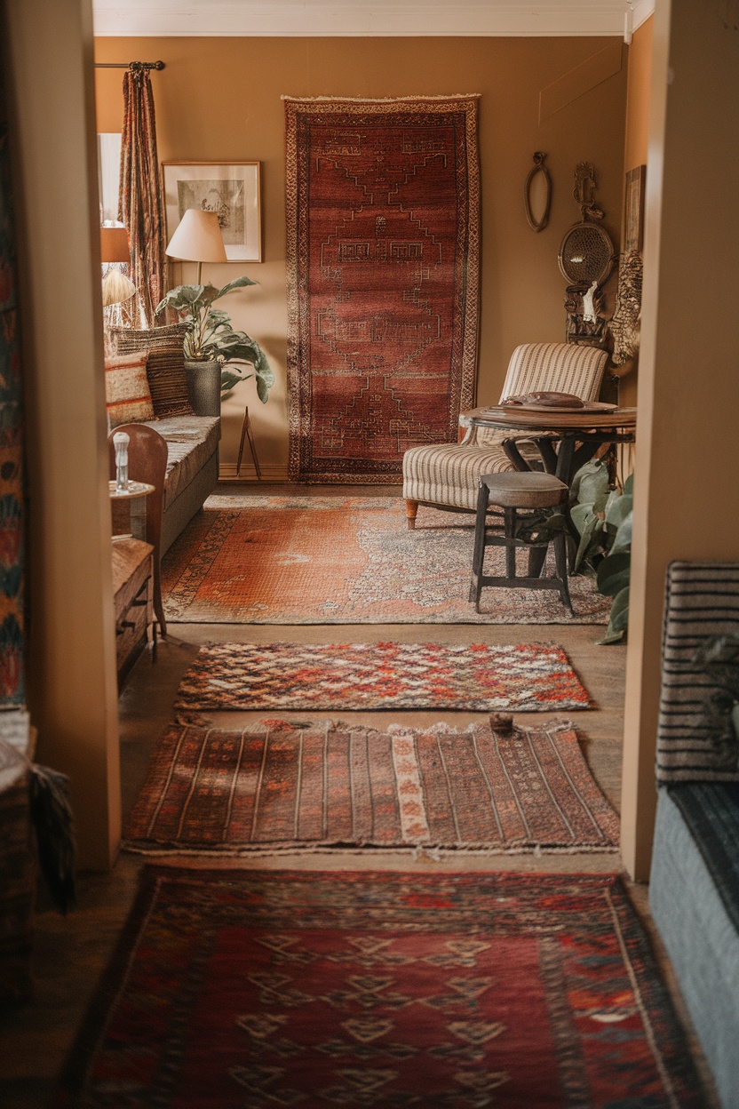 A cozy living area featuring multiple layered rugs in various patterns and colors