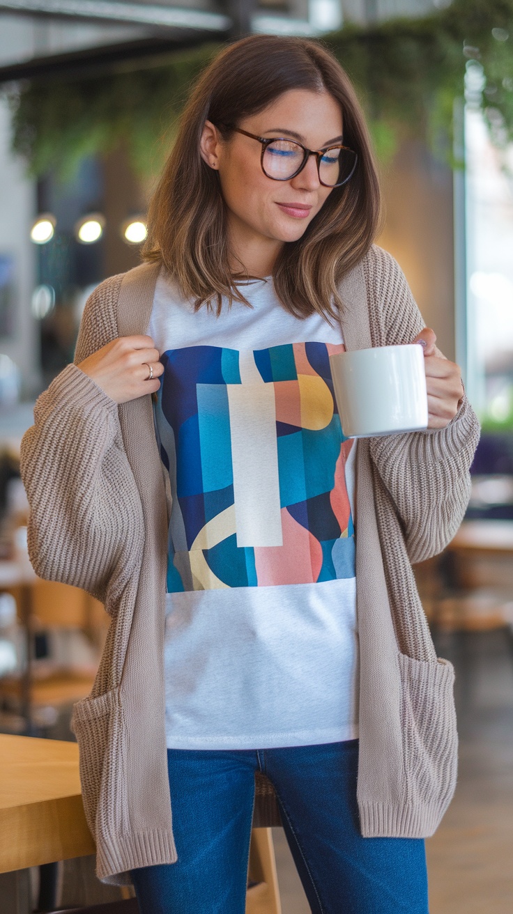 A woman holding three colorful t-shirts in a trendy setting, showcasing streetwear fashion.