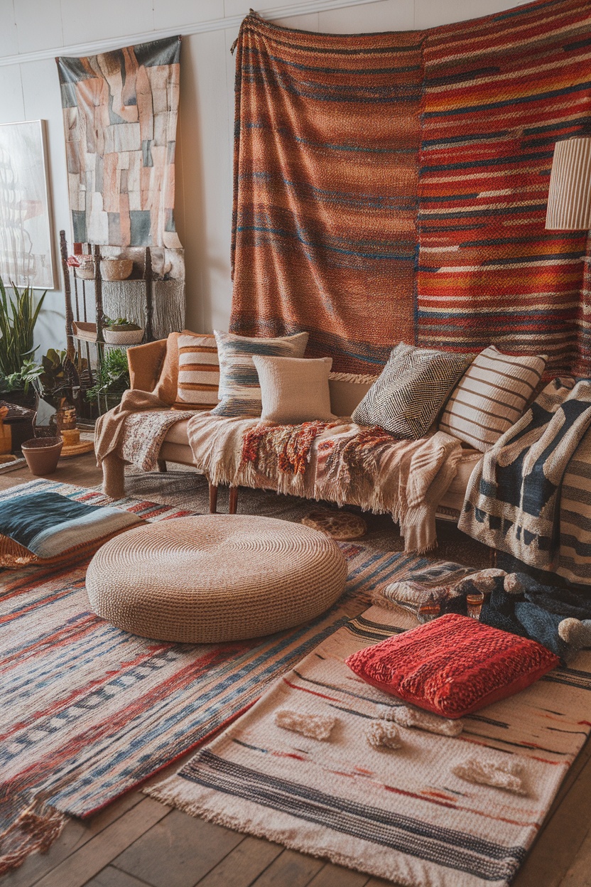 A cozy living room featuring various layered textiles, including rugs, pillows, and throws.