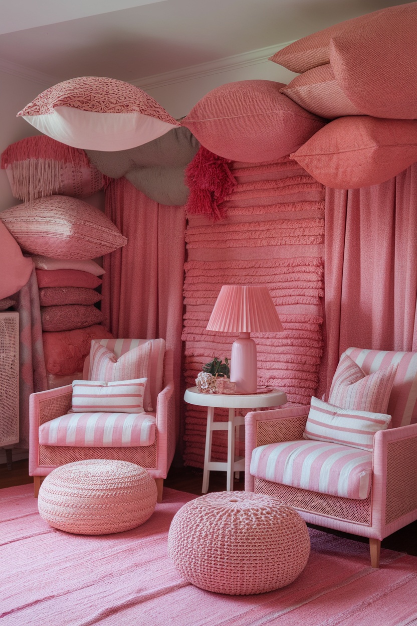 A cozy pink room featuring layered textiles with cushions, poufs, and a lamp