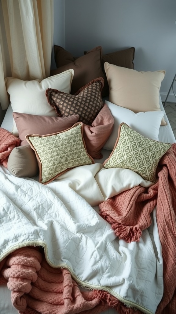 A cozy bed with layered textiles, featuring various pillows and blankets.