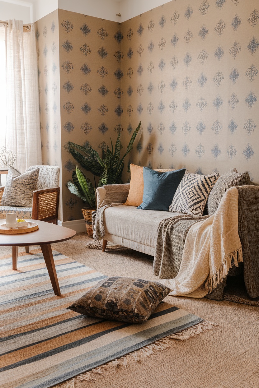 A cozy apartment with patterned wallpaper, a comfortable sofa with pillows, a coffee table, and a leafy plant.