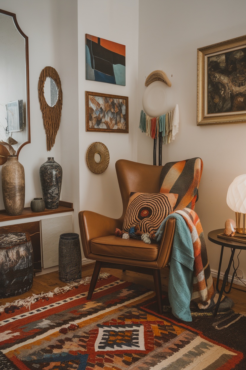 Cozy seating area with layered textures featuring a leather chair, patterned throw, vibrant area rug, and various decorative items.