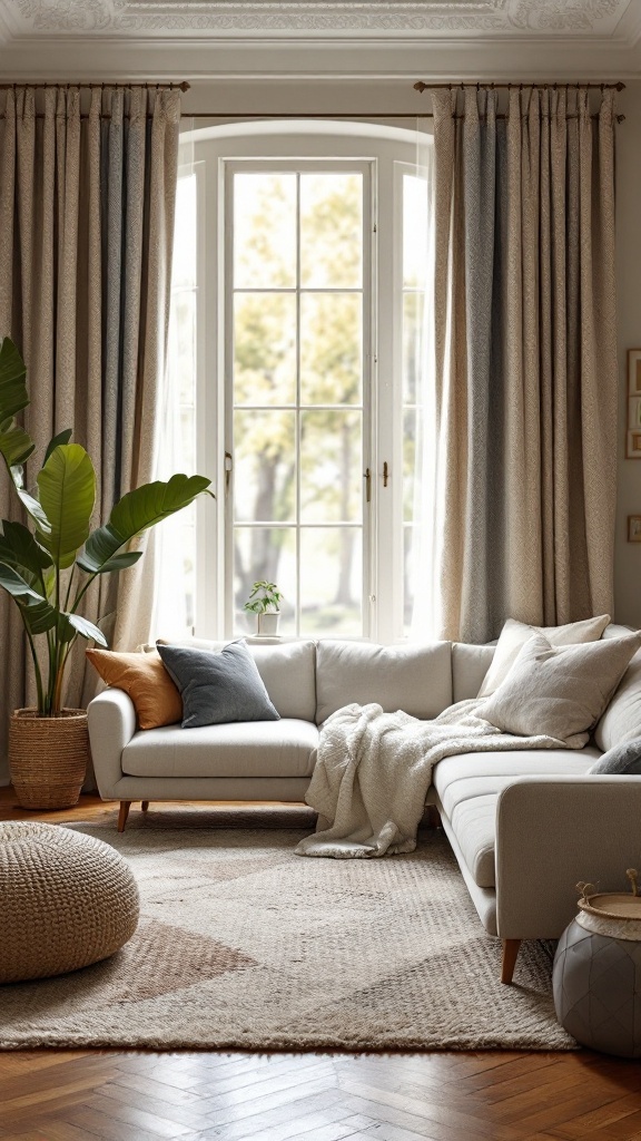 A cozy living room featuring a neutral sofa with layered textures and a geometric patterned rug, complemented by natural light and plants.