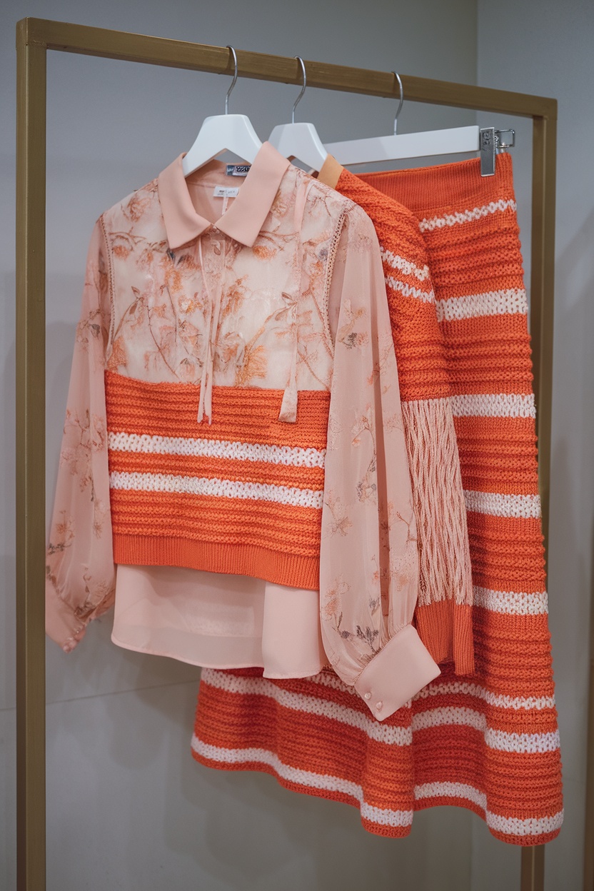 A vibrant boho outfit showcasing layered textures, featuring a floral patterned top and a knitted skirt in orange tones.