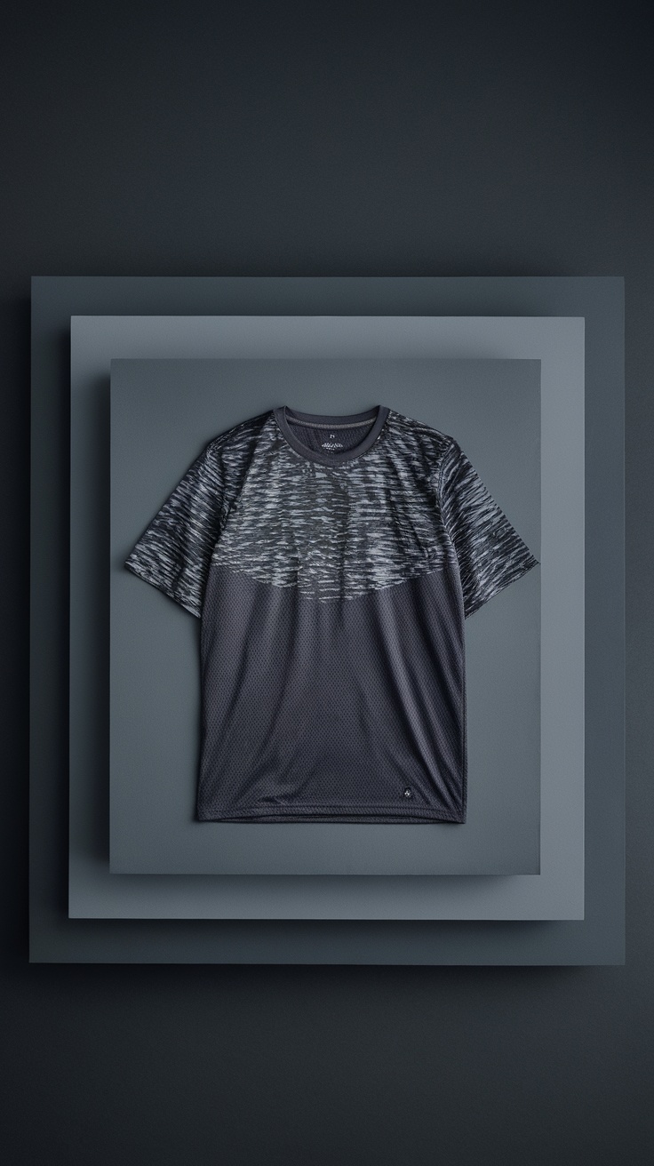 A stylish black t-shirt with layered textures displayed on a gray background.