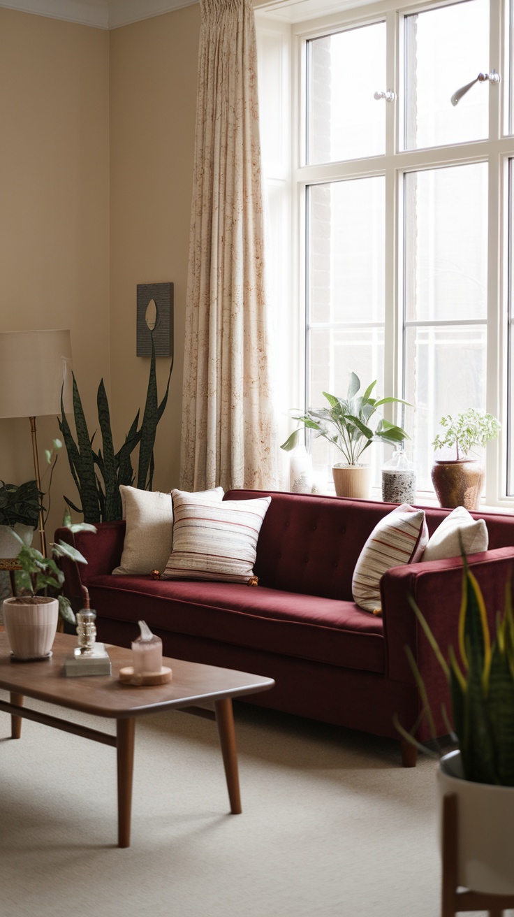 Living room featuring a dark cherry red couch, light curtains, and potted plants, creating a cozy atmosphere.