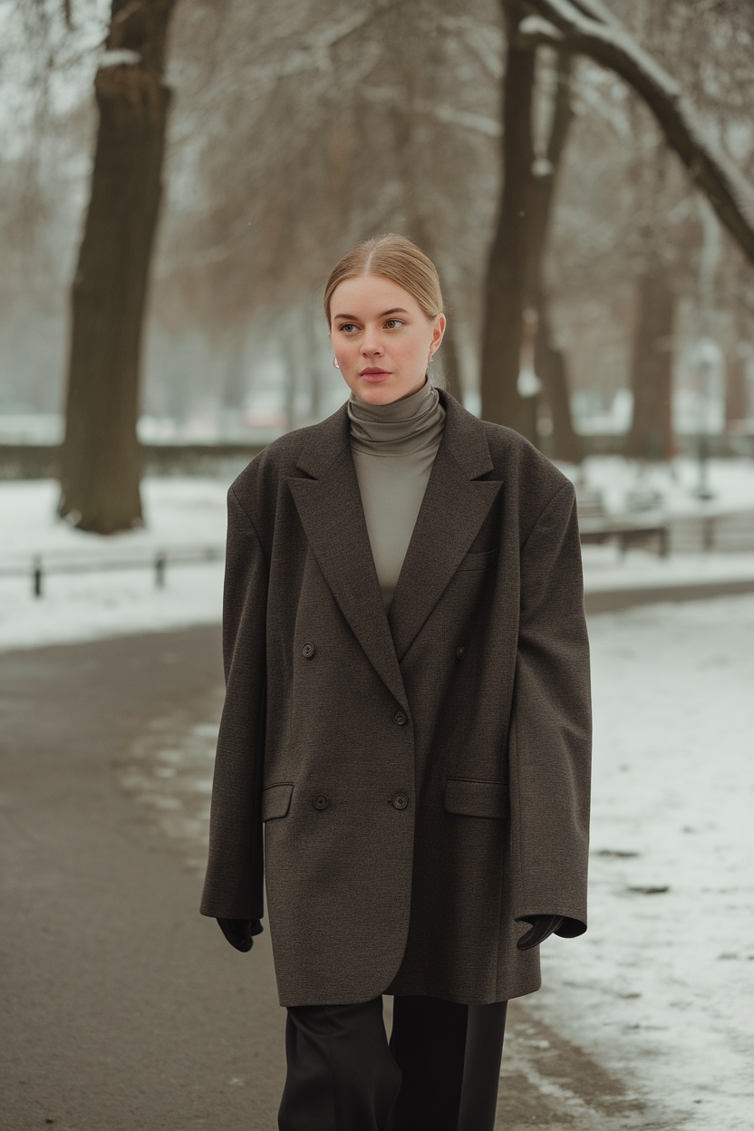 A woman wearing a layered turtleneck and an oversized blazer in a snowy park