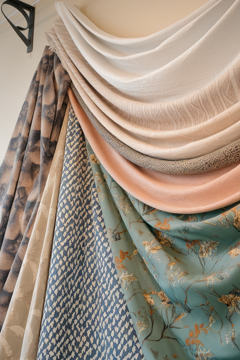 A collection of layered fabrics in various patterns and colors hanging on a wall.