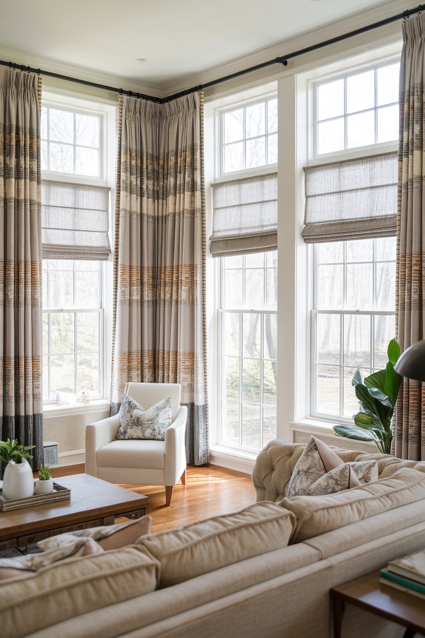 A bright living room with layered window treatments featuring patterned drapes and shades.