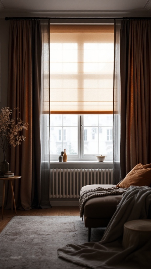 Layered window treatments in a cozy living room setting with warm tones.