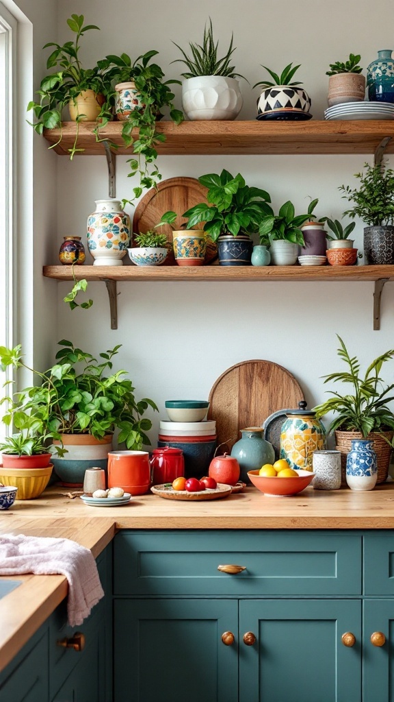 A vibrant maximalist kitchen with colorful pots, plants, and decorative accessories on open shelves and countertop.