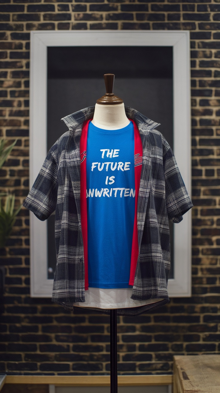 Layered outfit featuring a blue T-shirt with 'THE FUTURE IS UNWRITTEN' text under a plaid shirt.