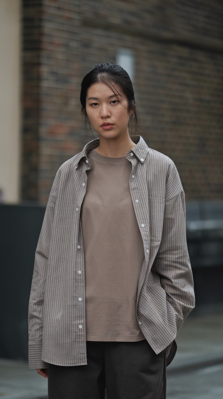 A woman in a beige t-shirt layered with a striped button-up shirt, standing in an urban environment.