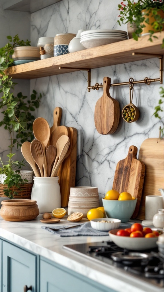 A beautifully styled kitchen countertop displaying wooden utensils, bowls, and fresh produce against a marbled background.