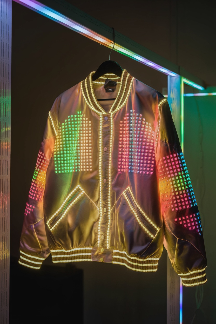 A colorful LED-enhanced jacket displayed on a hanger.