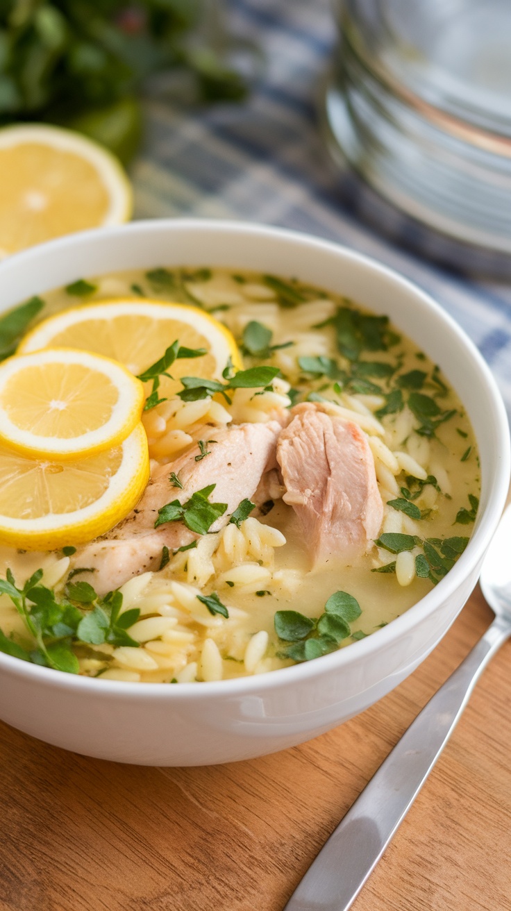 A bowl of Lemon Chicken Orzo Soup garnished with lemon slices and fresh herbs.