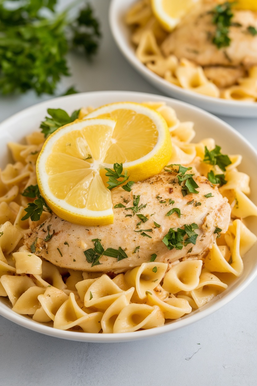 A bowl of lemon garlic chicken pasta topped with lemon slices and parsley.