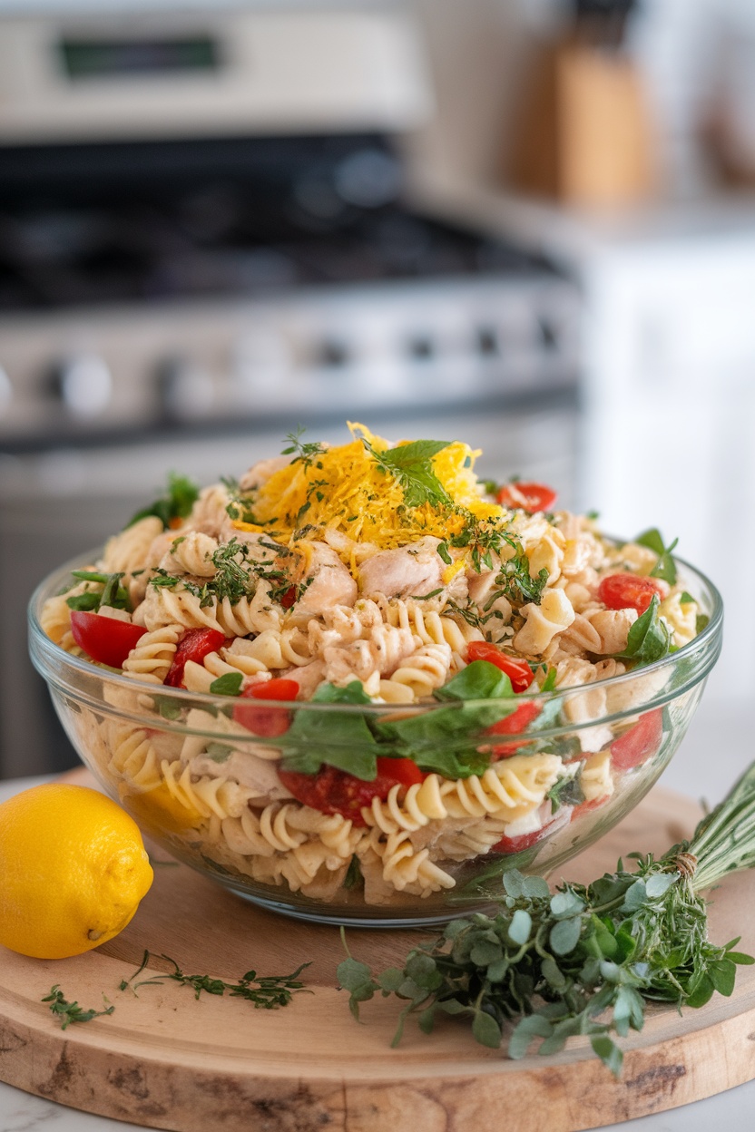 A vibrant bowl of lemon herb chicken pasta salad with colorful vegetables, garnished with herbs.