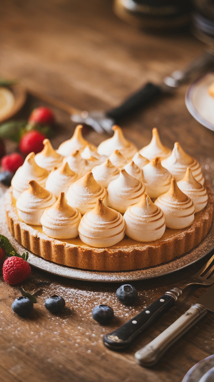 A beautifully baked lemon meringue pie with golden peaks on top.