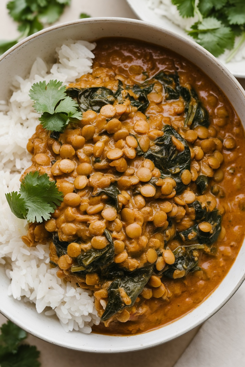 A bowl of lentil curry with spinach served over rice, garnished with fresh cilantro.