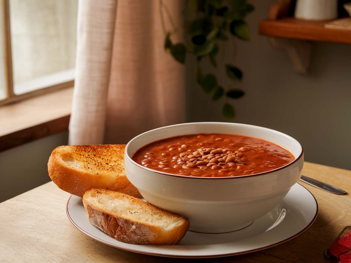 A bowl of lentil soup alongside toasted bread on a wooden table.