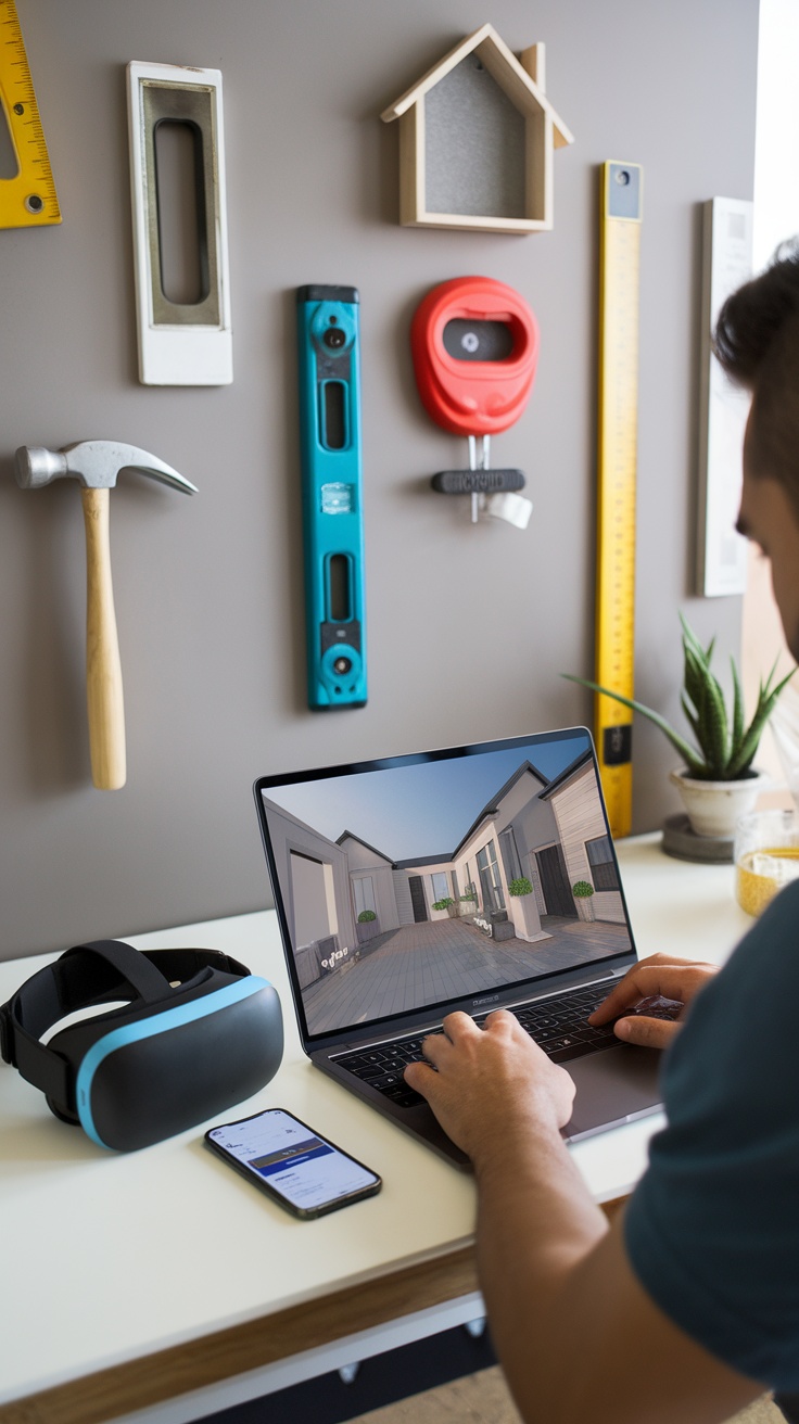 Person using a laptop to view 3D property rendering with tools on wall.