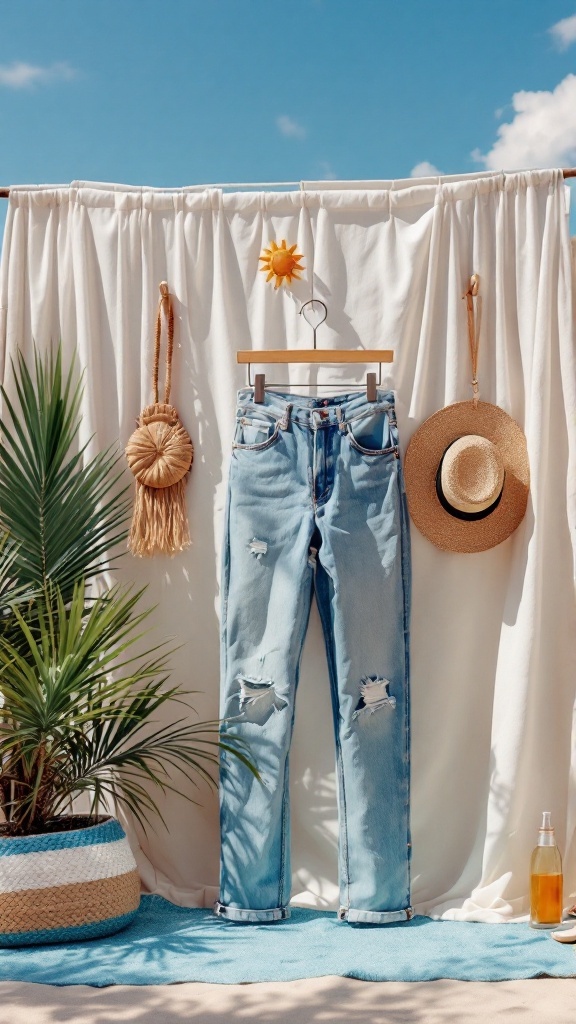 Light wash cinch jeans hanging against a backdrop, accompanied by a straw hat and tropical decor.