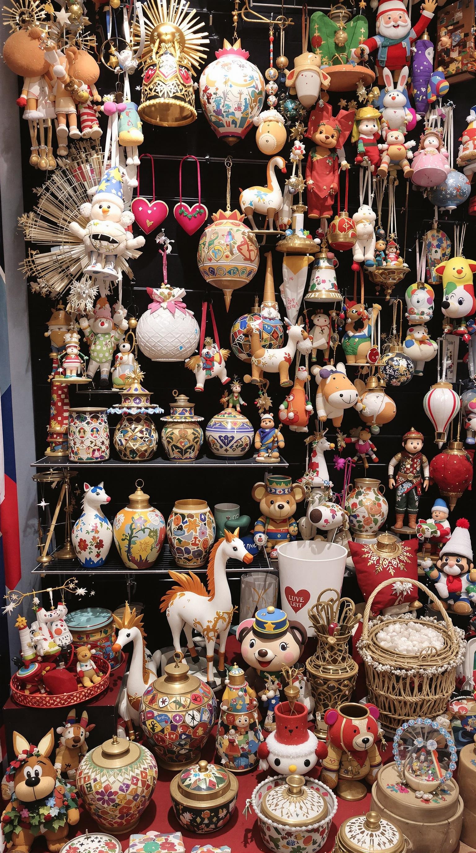 Colorful display of handmade ornaments and decorations for Christmas gifts.