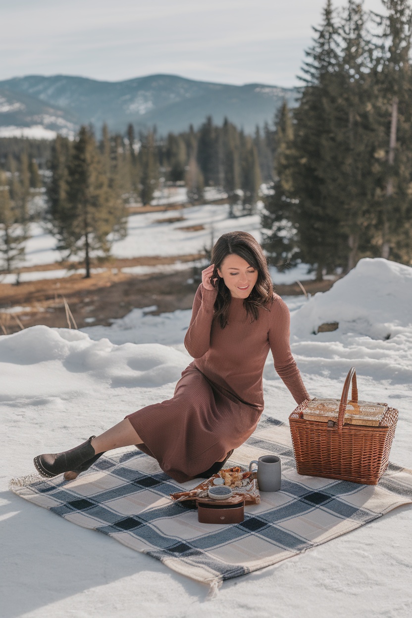 A woman in a long sleeve brown midi dress and ankle booties sitting on a blanket in the snow with a picnic basket.