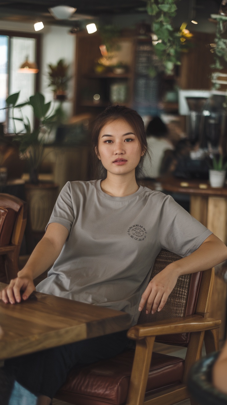 Model wearing a gray longline tee in a cozy cafe setting