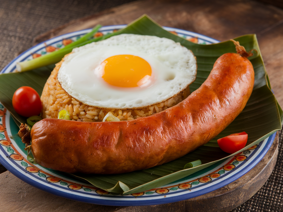 A plate of Longsilog featuring sweet pork sausage, fried rice, and a sunny-side-up egg.