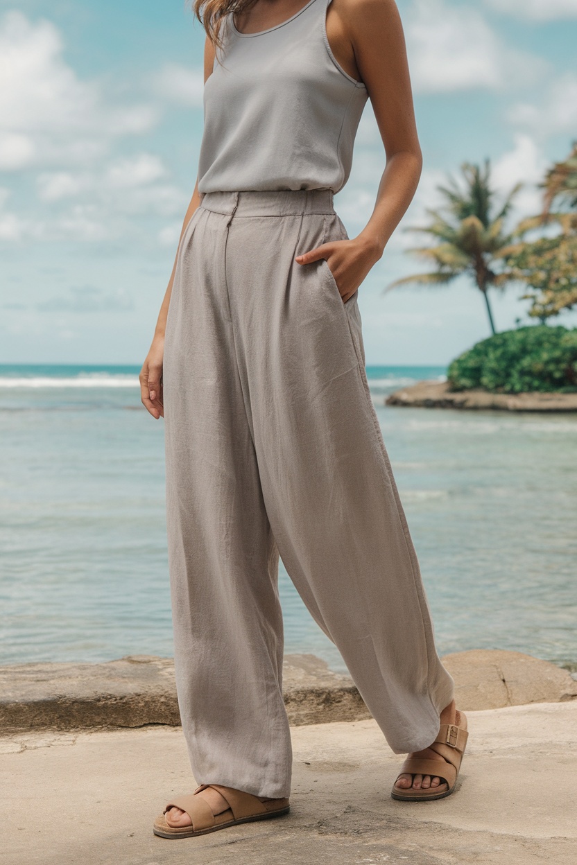 A woman wearing loose-fit linen trousers and a tank top, standing by the beach