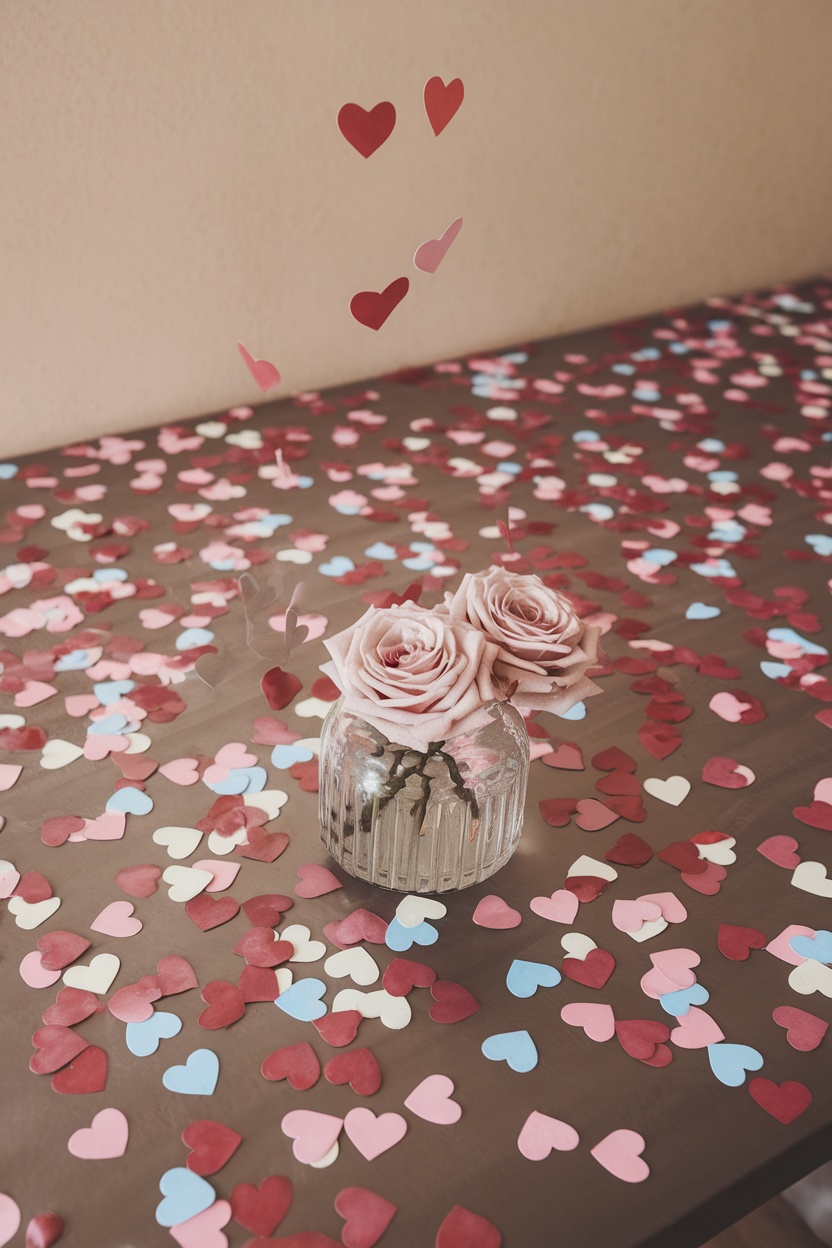 A table adorned with heart-shaped confetti, red roses, a candle, and a heart-shaped cake for Valentine's Day.