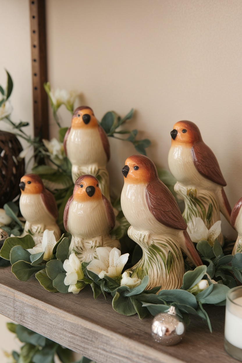 A collection of lovebird figurines surrounded by greenery and flowers on a wooden shelf.