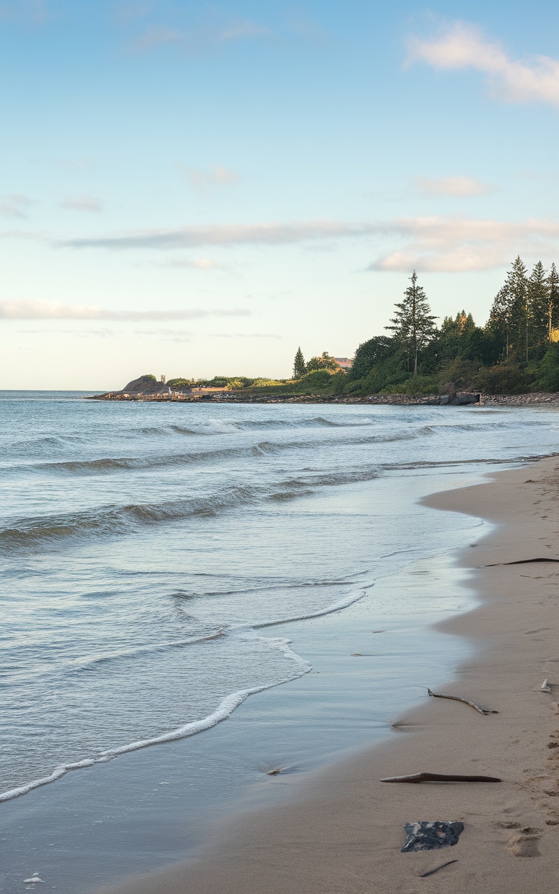 A tranquil seaside scene with gentle waves and a sandy beach.