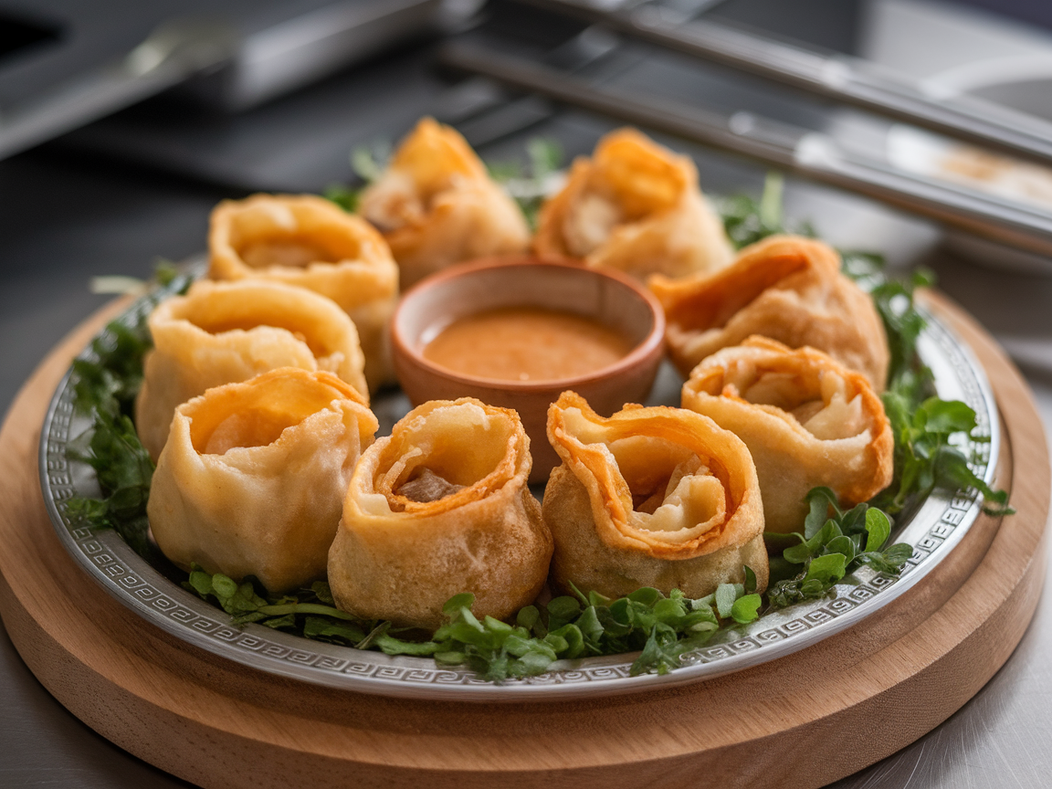 A platter of crispy Lumpiang Shanghai spring rolls served with dipping sauce.