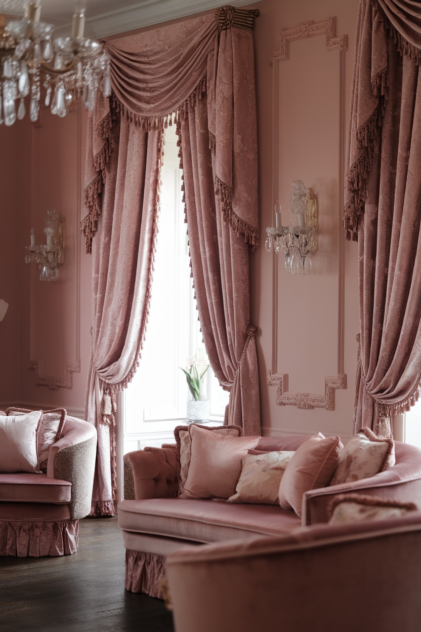 Elegant living room with pink drapery and plush sofas, showcasing Rococo Revival style.