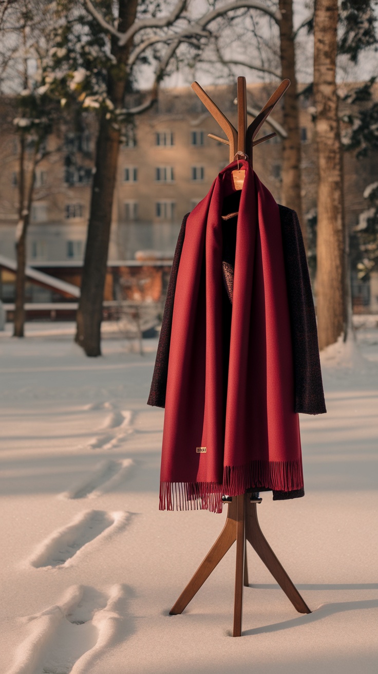 A cherry red scarf hanging on a wooden stand in a snowy outdoor setting