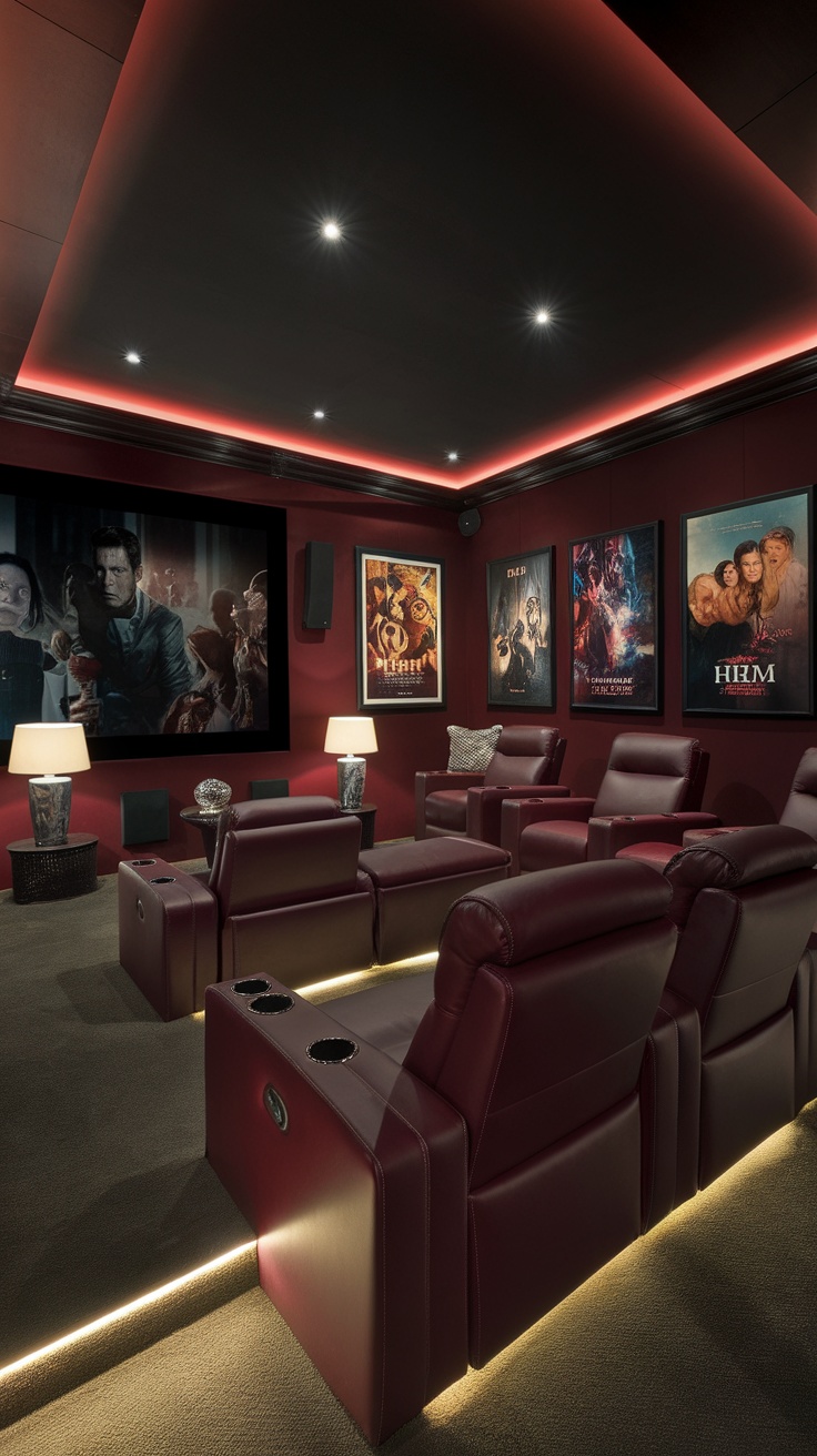 A dark cherry red home theater with plush seating, ambient lighting, and movie posters