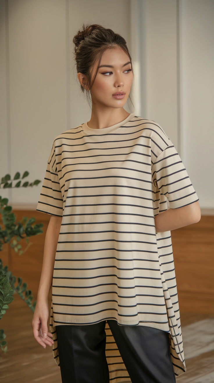 A woman wearing a striped t-shirt with a relaxed fit in a modern indoor setting.