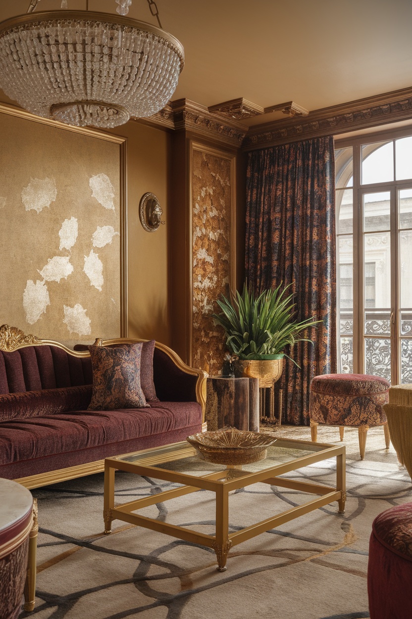 An elegantly decorated living room featuring a burgundy sofa, gold accents, a chandelier, and rich patterns in curtains and decor.