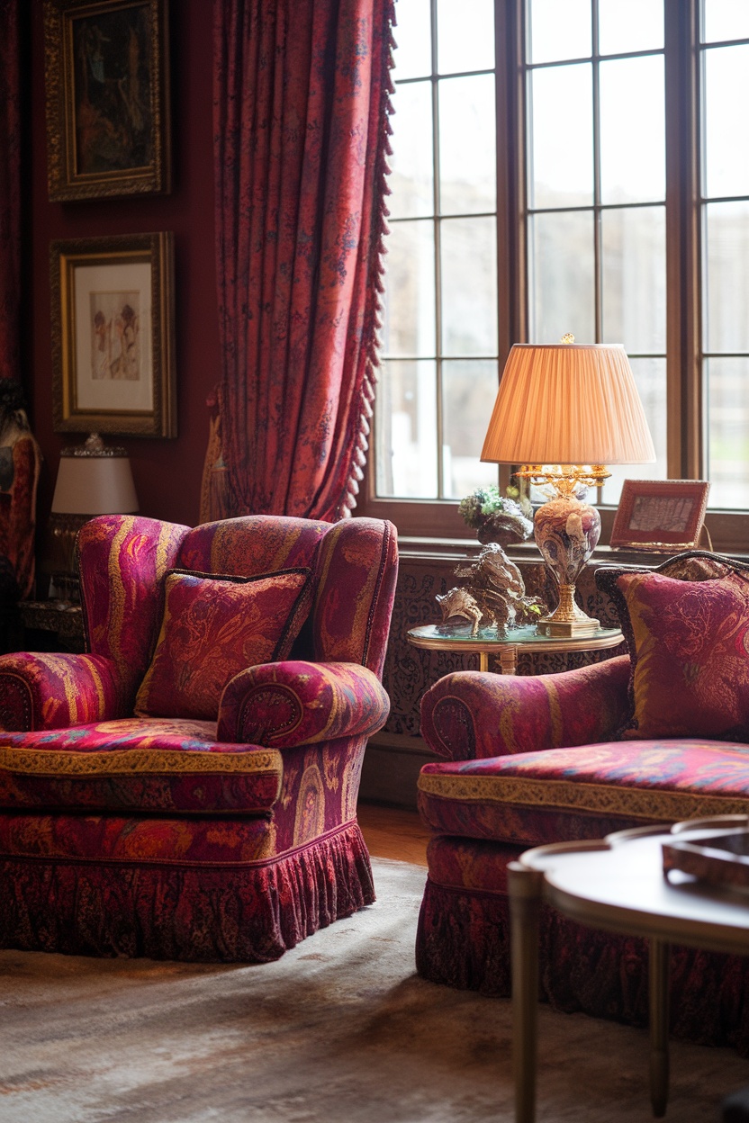 Two luxurious upholstered chairs with vibrant patterns, alongside a decorative lamp and window.