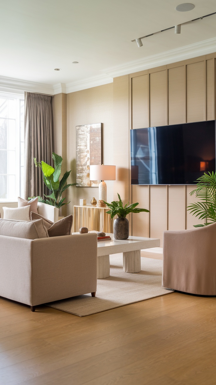 A stylish luxury living room featuring modern furniture, elegant decor, and abundant natural light.