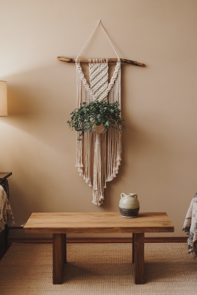 A macrame wall hanging with a plant, displayed on a beige wall next to a wooden table and lamp.